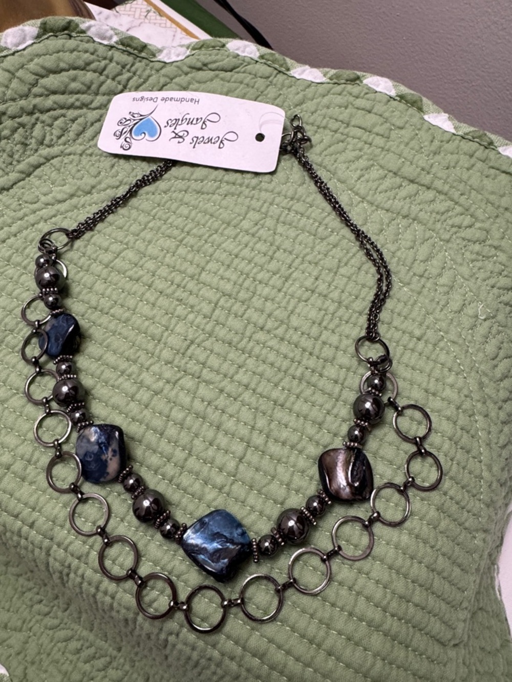 Handmade Blue Stone and Gunmetal Chain Necklace by